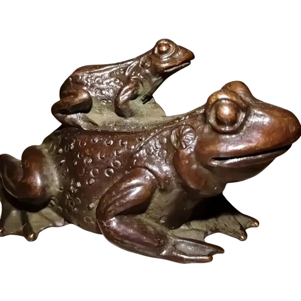 Bronze Frog Figurine Mother and‎ Baby Animal Sculpture Home Decor Collectible
